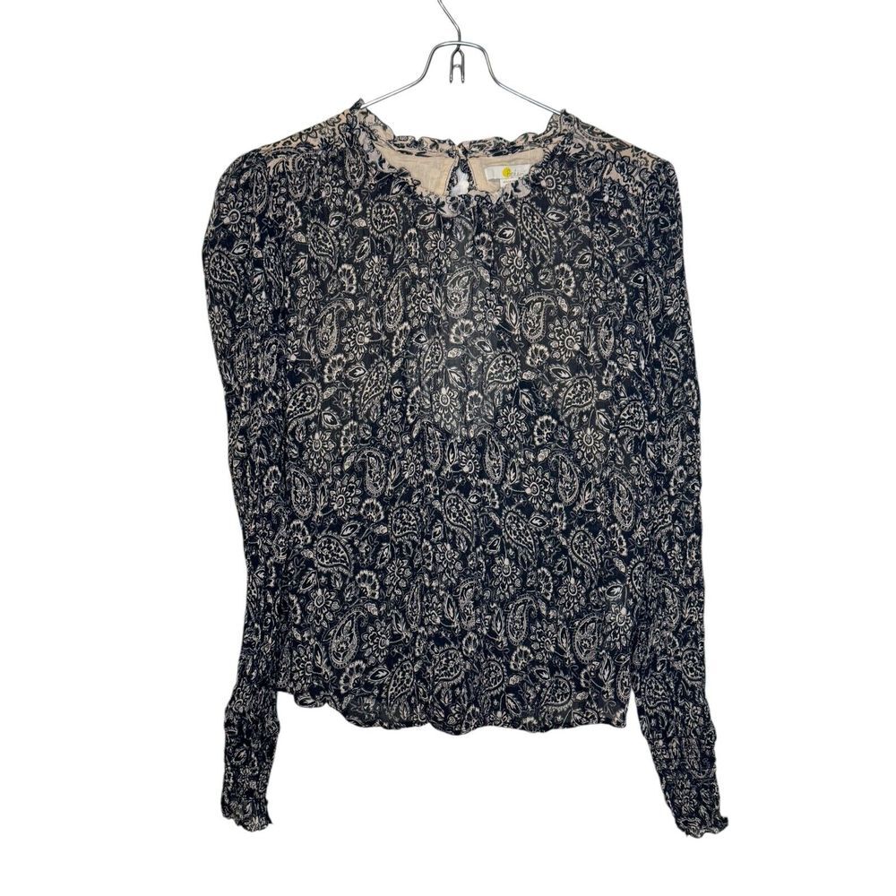Boden Women's Top Ruffle Georgette Round Neck Swing Paisley Blouse Black Sz. 10